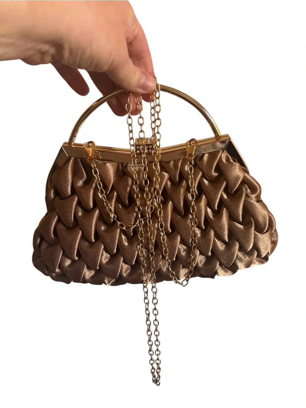 NWT Gold Pleated Satin Evening Clutch with Rhinestone Clasp Chain Strap Event